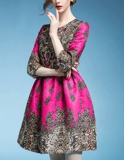 Multicolour Round Neck Floral Jacquard Dress | SHEIN