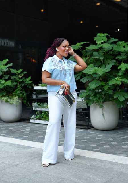Chic outfit with embellished shirt. What’s linen pants , white pants , blue top , Jacquesmus bag, rhinestone shirt . White outfit for summer , chic and elegant outfit 

#LTKSeasonal #LTKStyleTip #LTKMidsize