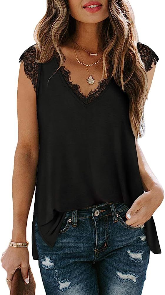 XIEERDUO Women's V Neck Lace Tank Tops Summer Casual Sleeveless Shirts Side Split | Amazon (US)