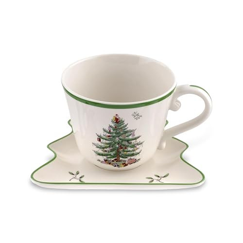 Spode Christmas Tree Jumbo Cup with Tree-Shaped Saucer - 18 Ounce Earthenware Mug for Coffee, Tea, Hot Chocolate, Festive Drinks - Charming Holiday Décor & Festive Christmas Design | Amazon (US)