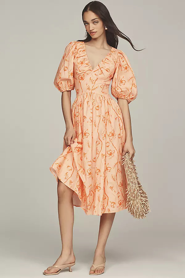 Hutch Madilyn Puff-Sleeve V-Neck Midi Dress | Anthropologie (US)
