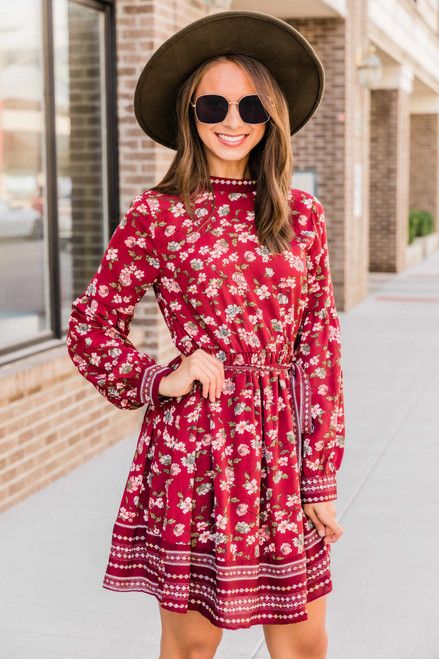 Lost Track Of Time Burgundy Floral Dress CLEARANCE | The Pink Lily Boutique