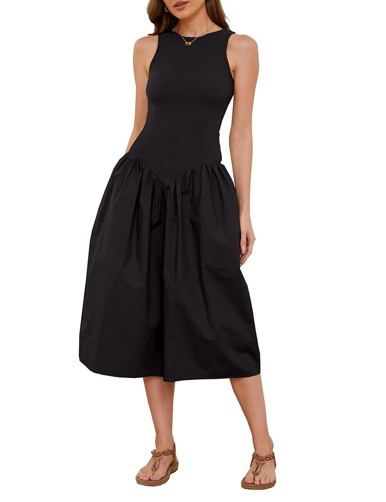 Livtany Women's Sleeveless Slim Fit Midi Dress Drop-Waist Crew Neck Patchwork Dress Ribbed a-Line... | Amazon (US)