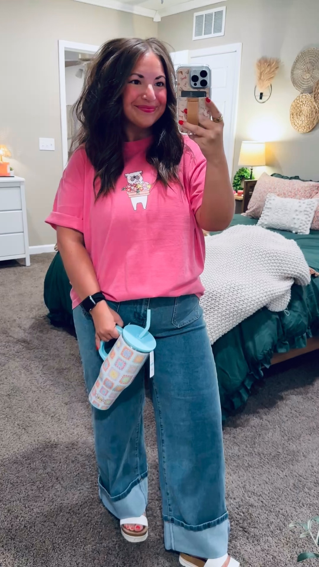 sandals: fit true to size // wearing a 5
jeans: fit true to size // wearing a 14
tee: fits true to size // wearing an XL

tee link: https://www.3edesignsco.com/summer/p/pick-flowers-not-fights-comfort-colors 

 