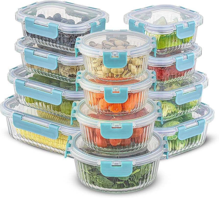 JoyJolt 24pc Fluted Glass Storage Containers with Lids. 12 Airtight, Freezer Safe Food Storage Co... | Amazon (US)