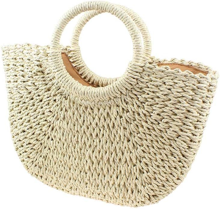 Straw Tote for Women, Straw Beach Bag Summer Large Woven Round Top Handle Handbag Hobo Natural Ra... | Amazon (US)