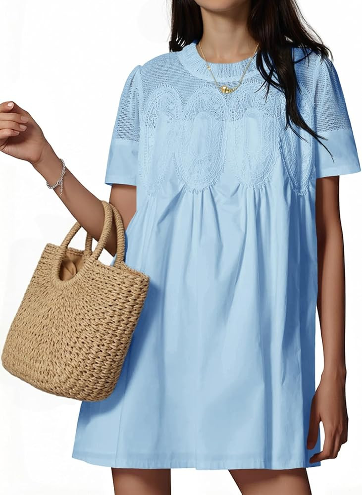 Wenrine Womens Lace Mini Dress Summer Short Sleeve Crewneck Sheer Mesh Casual Loose Ruffle Babydo... | Amazon (US)