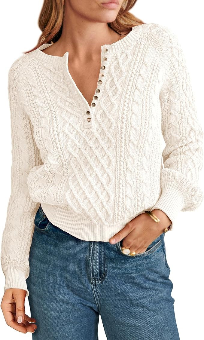 KIRUNDO Womens Sweaters 2023 Fall Winter Cute Long Sleeve Button Crew Neck Cable Knit Cropped Swe... | Amazon (US)