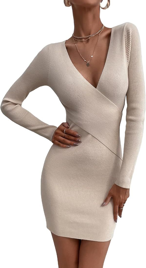 OYOANGLE Women's Rib Knit Long Sleeve Wrap V Neck Bodycon Party Sweater Dress | Amazon (US)