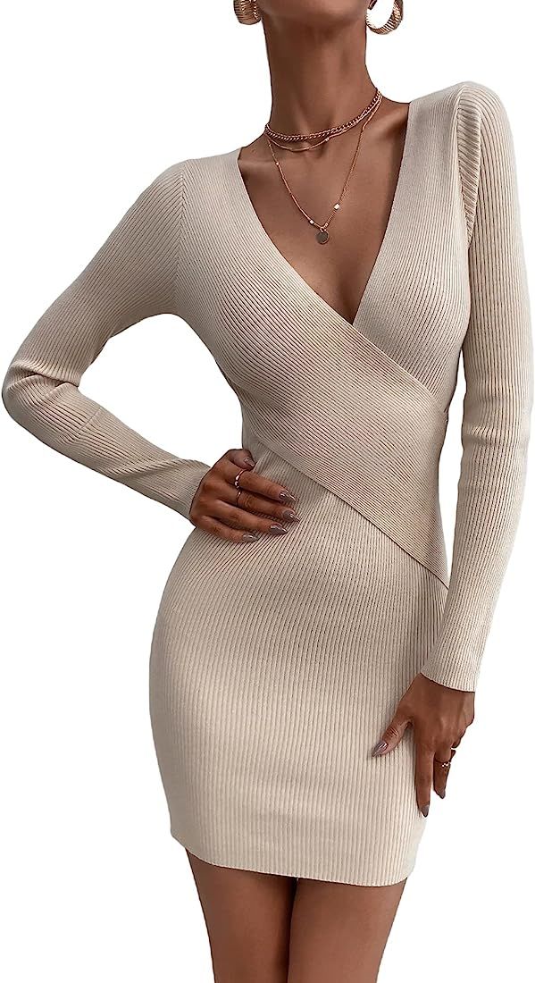 OYOANGLE Women's Rib Knit Long Sleeve Wrap V Neck Bodycon Party Sweater Dress | Amazon (US)