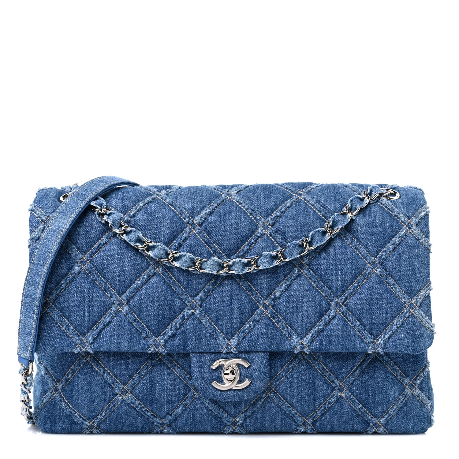 Frayed Denim Quilted Large Blue Chip Flap Blue | FASHIONPHILE (US)