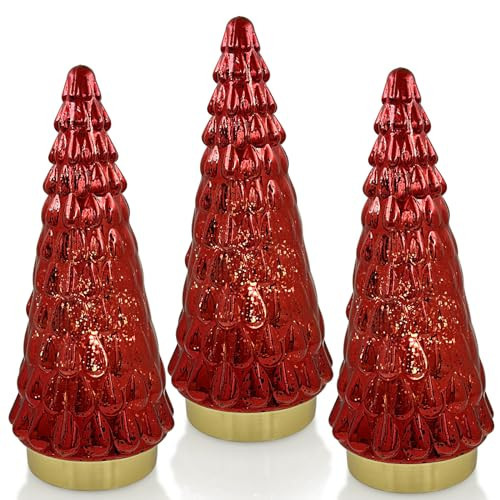 Red Glass Christmas Tree 3pcs, Small Tabletop Mercury Christmas Tree with Light, Battery Operated Xmas Tree for Fireplace Bathroom Decor 10" | Amazon (US)