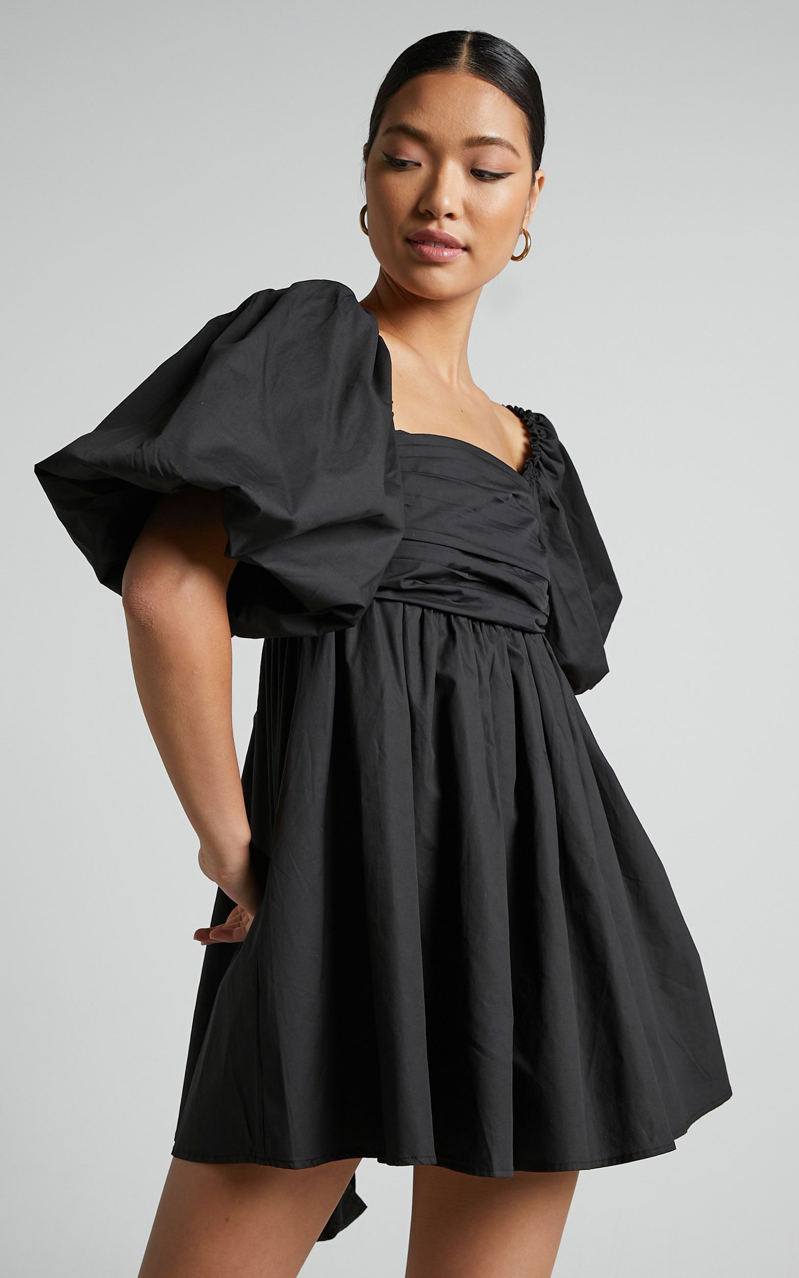 Melony Mini Dress - Cotton Poplin Puff Sleeve Dress in Black | Showpo (US, UK & Europe)