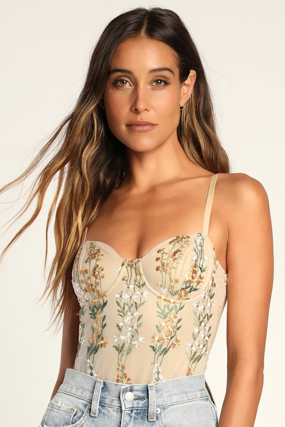 Essence of Elegance Beige Embroidered Bustier Bodysuit | Lulus
