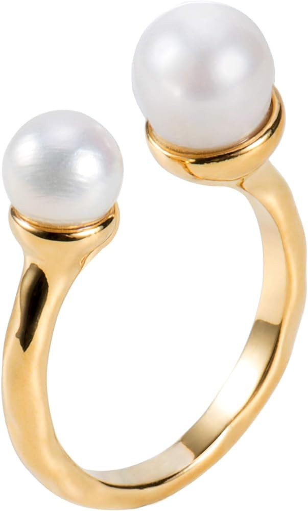 18K Gold Plated Freshwater Cultured Pearl Ring Gold Knuckle Rings Two Pearls Open Midi Ring Open ... | Amazon (US)