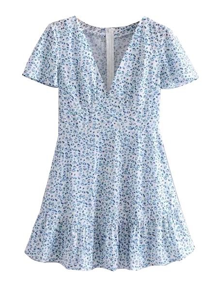'Brooklynn' Blue Leopard Flared Hem Mini Dress | Goodnight Macaroon