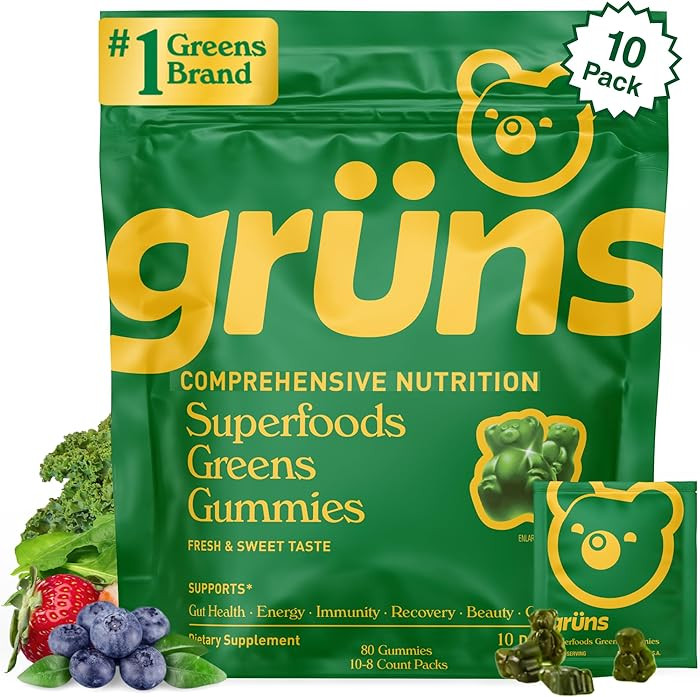 Gruns Adults Super Greens Gummies, Multivitamin Superfood Gummy Bears, Spirulina, Chlorella, Preb... | Amazon (US)