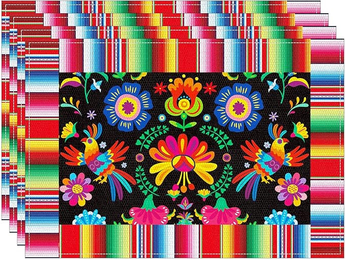 4 Pack 11.8 x 17.7 Inches Mexican Fiesta Placemats, Linen Burlap Table Plate Mats with Floral and... | Amazon (US)