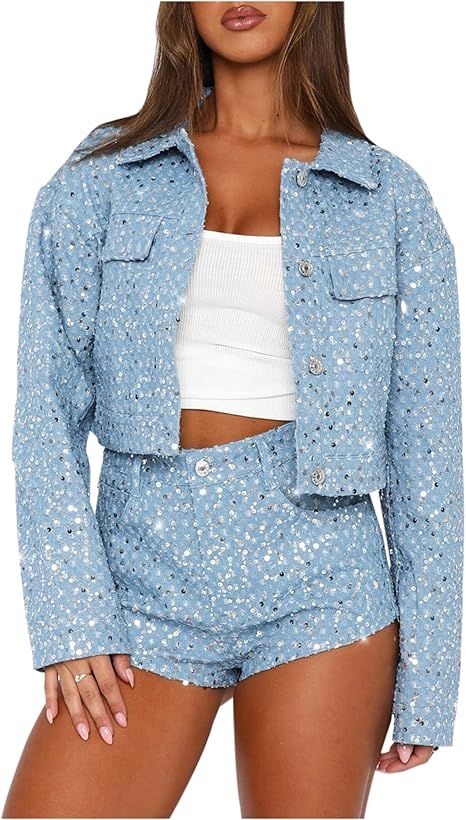 YEXPINE Women's Sequin Denim jackets Shiny Long Sleeve Crop Top Casual Ripped Jean Jacket | Amazon (US)