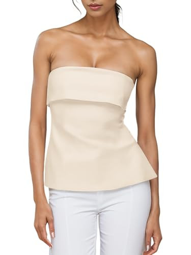 Strapless Tube Tops for Women Backless Going Out Bandeau Top Sexy Trendy Off Shoulder Side Split Summer Bustier Tops Apricot | Amazon (US)