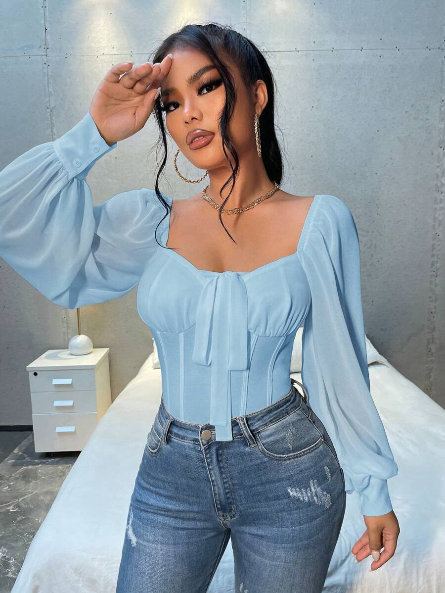 SHEIN SXY Women' Lantern Sleeve Chicken Sweetheart Neck Shirt | SHEIN