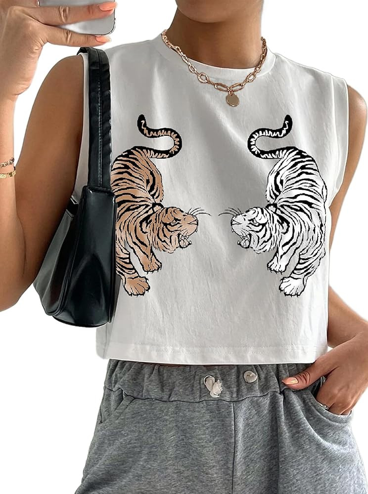 Hilinker Womens Crew Neck Loose Crop Tank Tops Workout Casual Sleeveless T-Shirt | Amazon (US)