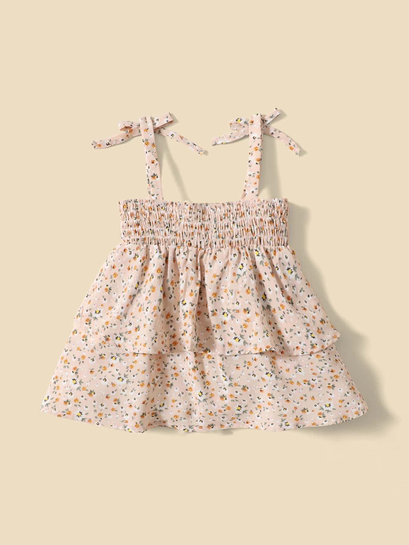 SHEIN Baby Ditsy Floral Shirred Tie Shoulder Layered Hem Cami Top | SHEIN