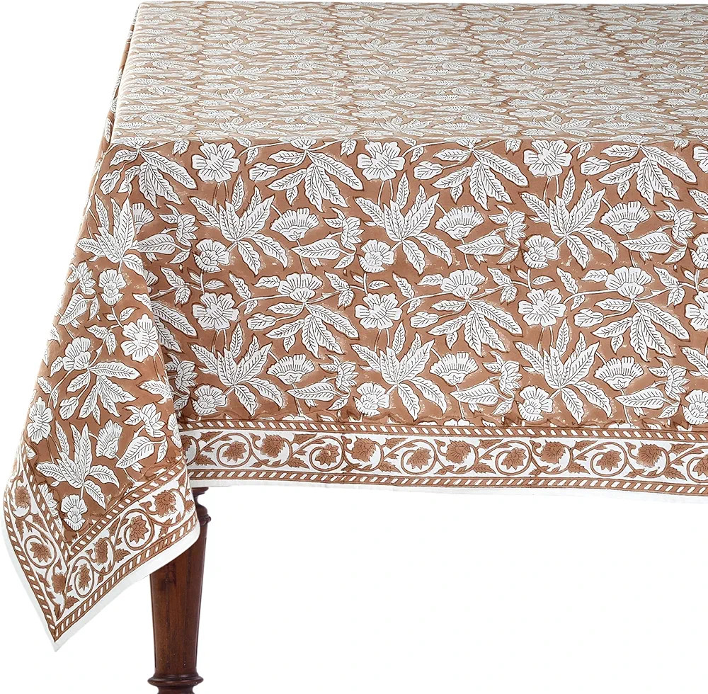 Ridhi Oak Brown Hand Block Print Cotton Rectangle Tablecloth 60 x 60 inch-Reusable Table Cover De... | Amazon (US)