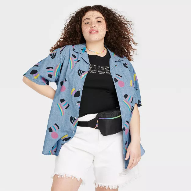 Pride Adult Short Sleeve Woven Multiflag Button-Down Shirt - Blue Denim Boat | Target