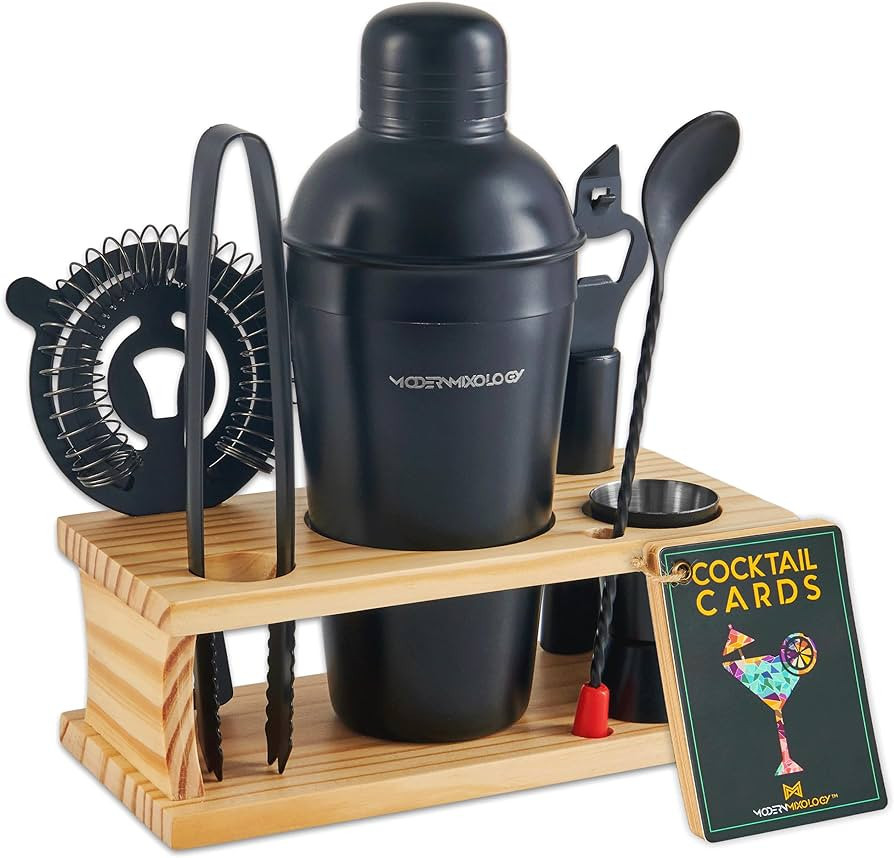 Mixology Bartender Kit - 8-Piece Black Matte Cocktail Shaker Set with Pine Wood Stand, Recipe Car... | Amazon (US)