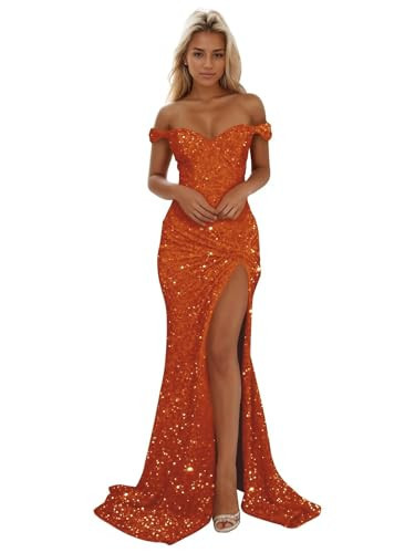 Sougoue Burnt Orange Sequin Prom Dresses Sparkly Mermaid Off Shoulder Long Mermaid with Slit Plus Size Formal Evening Gowns US22 Plus | Amazon (US)