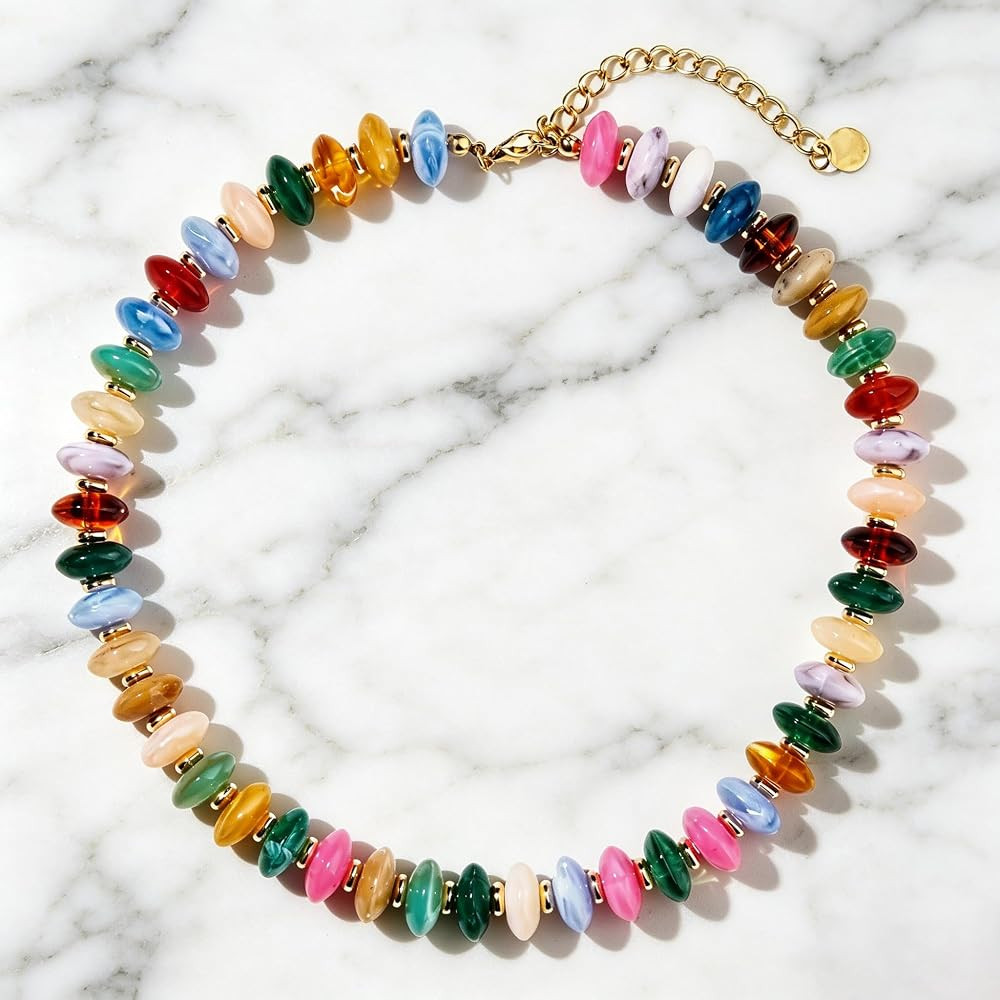 Colorful Beaded Necklace for Women Unique Resin Beads Choker Necklaces Boho Statement Chunky Neck... | Amazon (US)