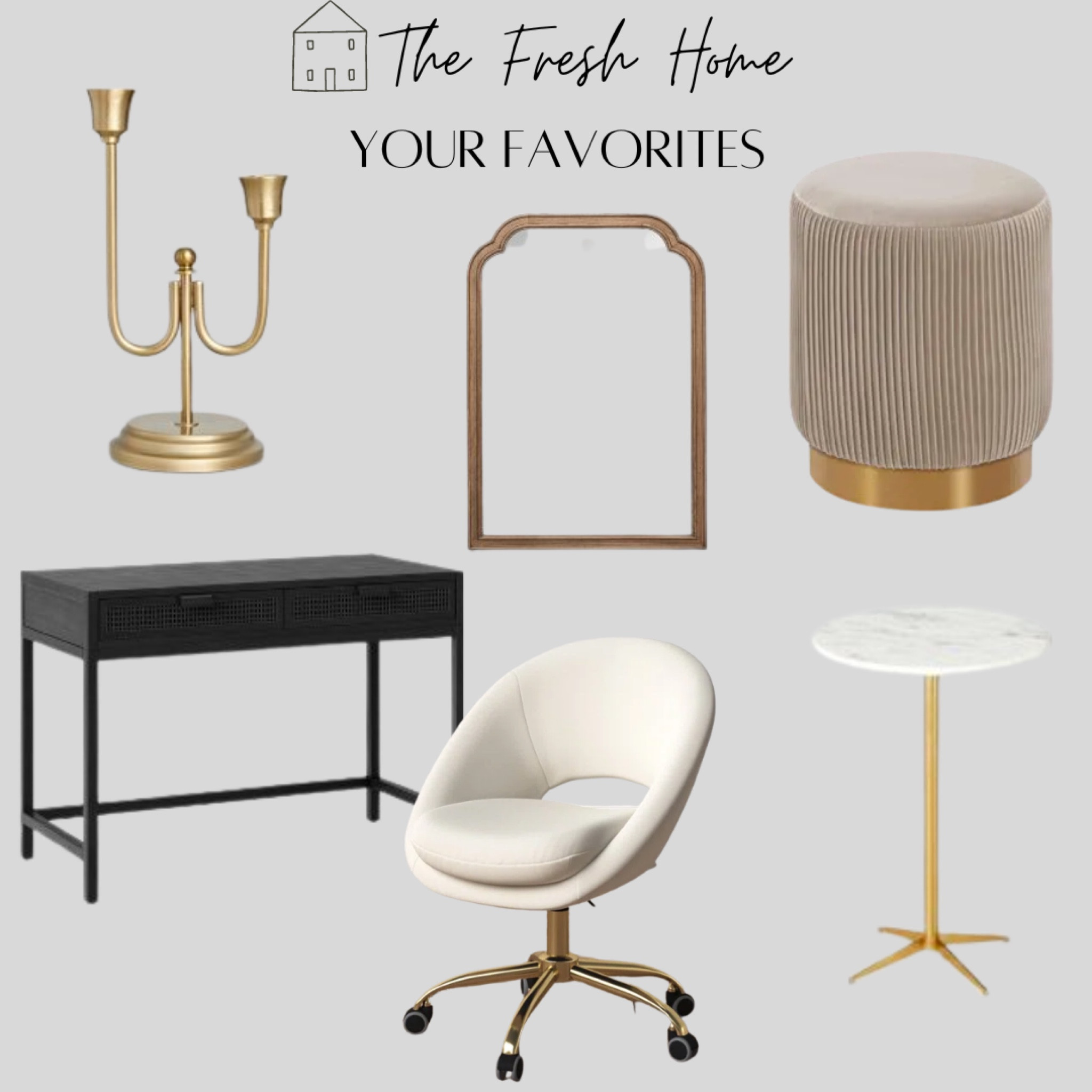 Brass candle holder. Wood mirror. Mantel mirror. Arch wood mirror. Velvet ottoman. Desk chair. Black desk. Small desk. Marble accent table. Target decor. Amazon decor. 

#LTKhome