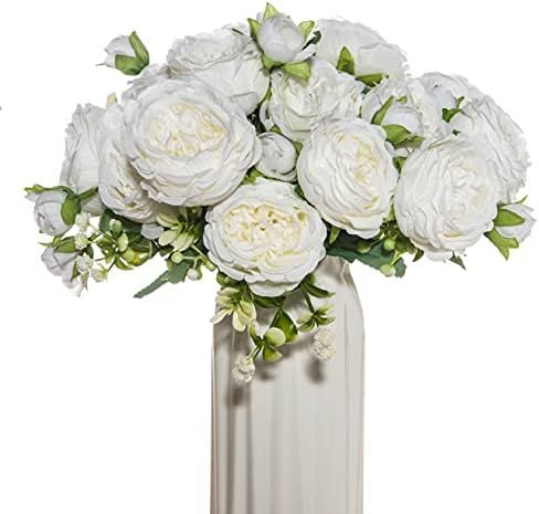 dyCrazy 4 Bunches White Peony Artificial Flowers for Decoration Faux Rose Fake Bouquet Silk Arrangem | Amazon (US)