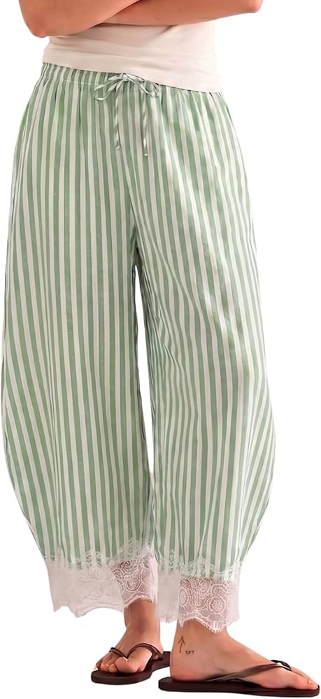MINSURE Women's Striped Lace-Hem Capri Pants Casual Summer Wide Leg Cropped Palazzo Trousers with... | Amazon (US)