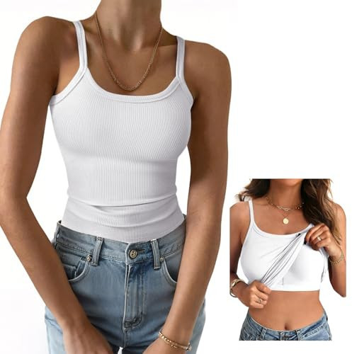 GKBK Women's Sleeveless Built in Bra Tank Top Form Fitting Scoop Neck Ribbed Knit Basic Padded Cami Shirts White L | Amazon (US)
