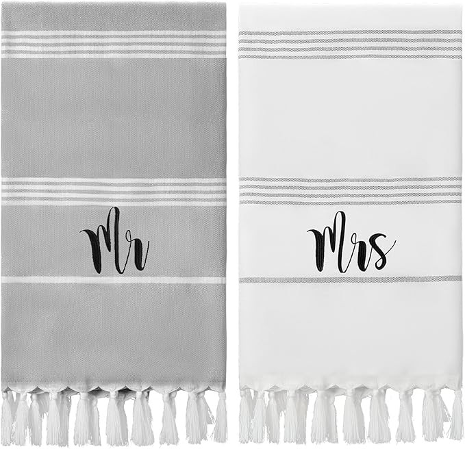 Preboun 2 Pcs Mr and Mrs Turkish Beach Towels Decorative Mr and Mrs Gift Embroidery Stripe Turkis... | Amazon (US)