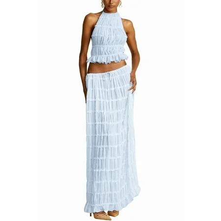 Two Piece Maxi Skirt Sets for Women Summer Backless Halter Beach Top Long Skirt Going Out Set 2 Piece Outfits Blue M | Walmart (US)