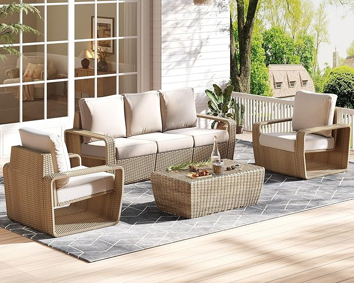 Jocisland 3-Piece Outdoor Patio Furniture Set, 82" Rattan Sofa & 2 Wicker Chairs with Under-Seat ... | Amazon (US)