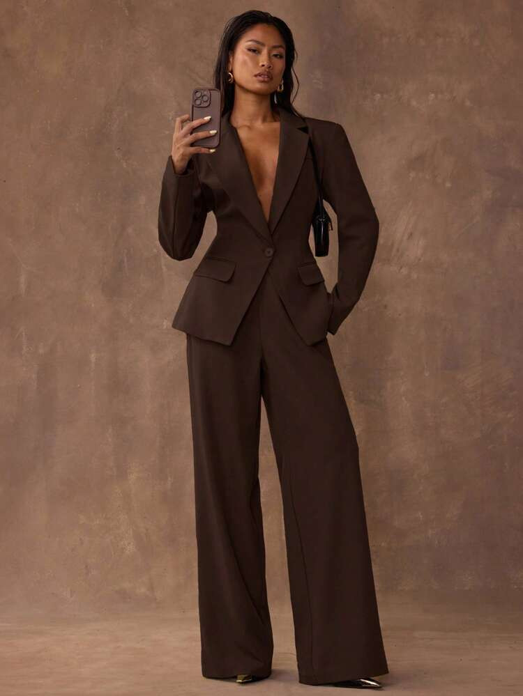 SHEIN BAE Women's Solid Color Waist Cinched Jacket And Pants Suit Set | SHEIN