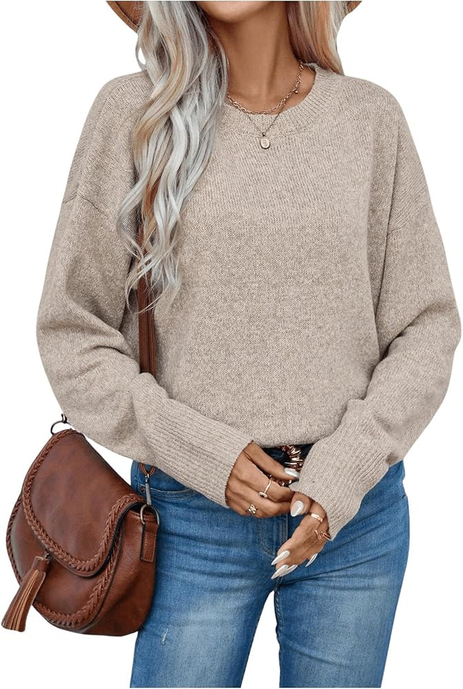 SOLY HUX Sweaters for Women Drop Shoulder Long Sleeve Crew Neck Solid Pullover Tops | Amazon (US)