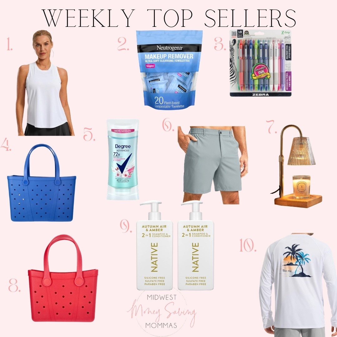 Weekly top sellers 

Best sellers  makeup remover wipes  workout clothes  pens  tote bag  beach bag  candle warmer lamp  golf shoes 

#LTKmomlife #LTKootd #LTKselfcare