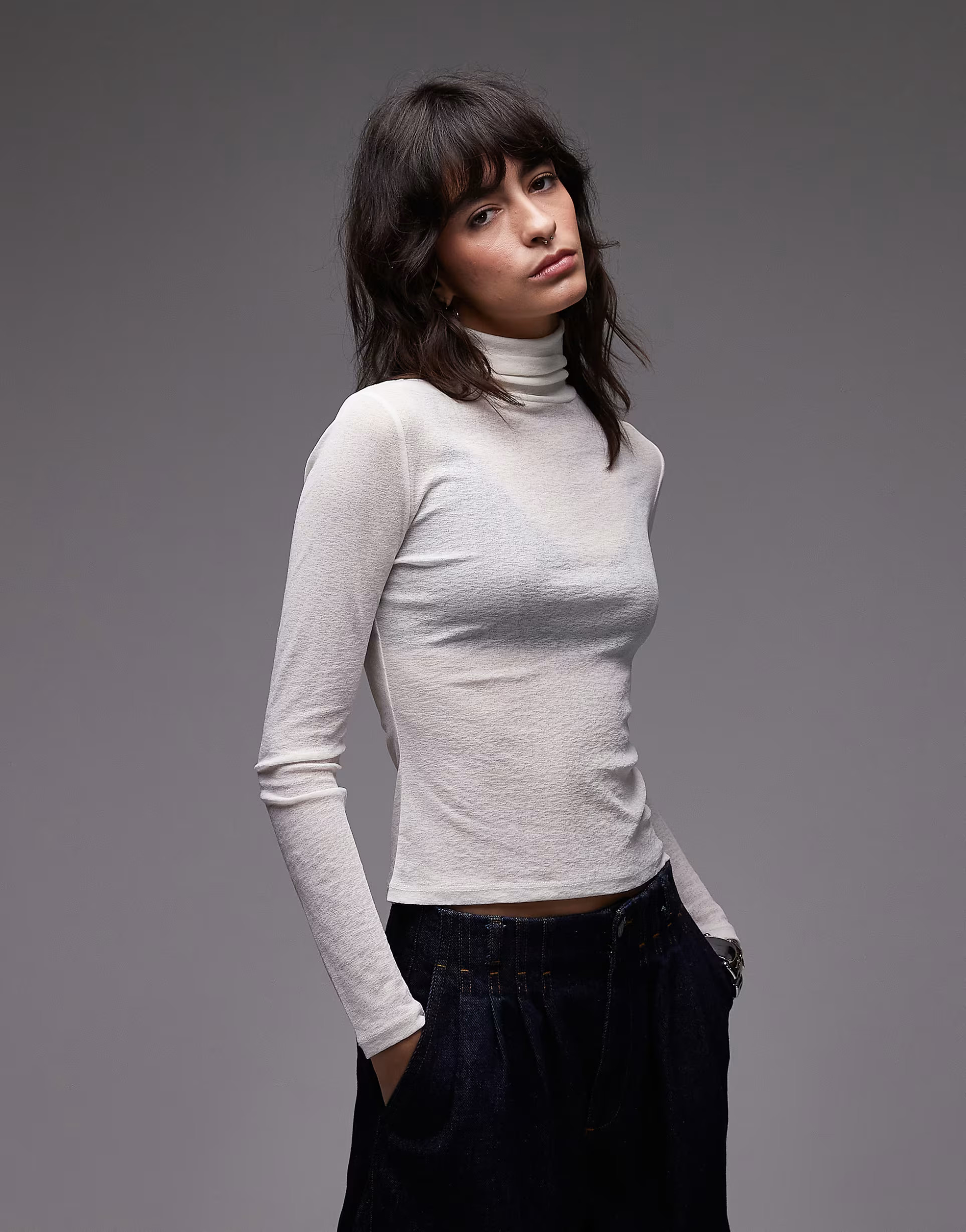 ASOS DESIGN gauzy sheer roll neck top in ivory | ASOS (Global)