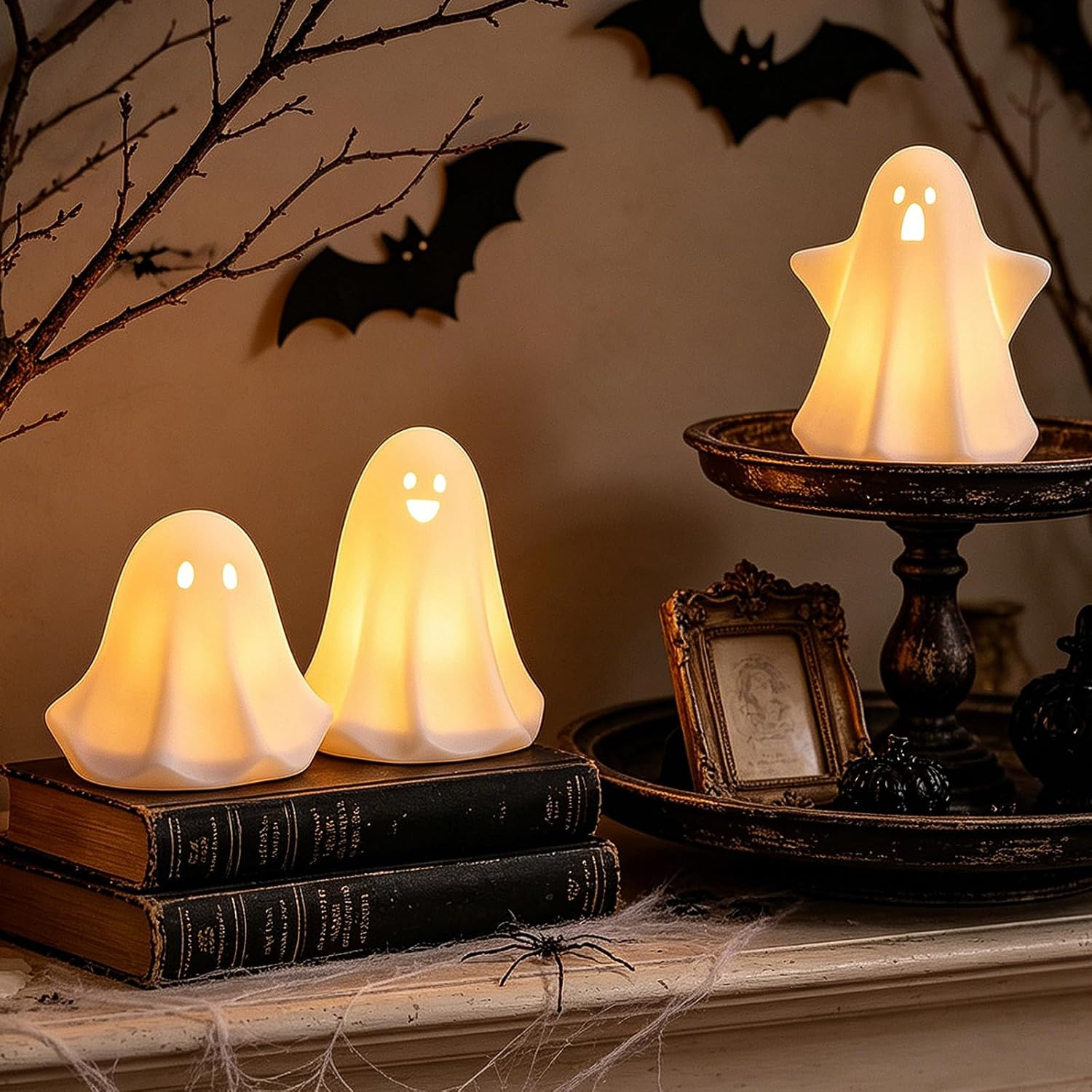 Light Up Ghost Halloween Decor, 5" Cute Halloween Decorations Indoor, 3PCS LED Ceramic Ghost for Halloween Table, Desk, Tray, Shelf, Bedroom Decor, White Spooky Decorative Ghosts Figurines | Amazon (US)