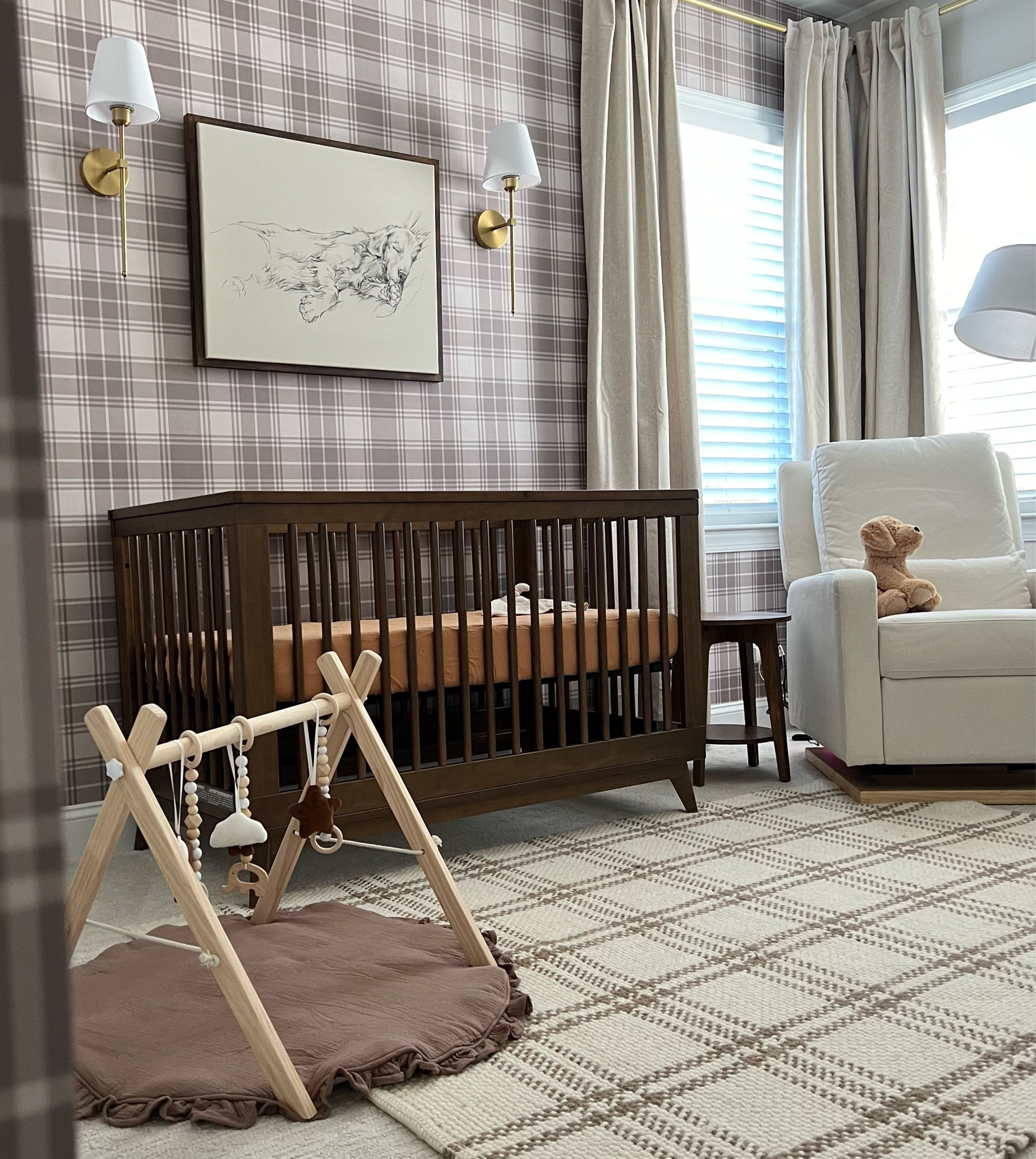 Boy nursery, gender neutral nursery, neutral nursery decor, plaid rug, baby nursery rocker, walnut crib, gold sconces, wooden baby gym, aesthetic baby decor, brown nursery inspo, babyletto, target nursery, blackout linen curtains, golden retriever art, nursery lighting, baby boy room, golden retriever nursery, transitional nurseryy

#LTKbaby #LTKsalealert #LTKhome