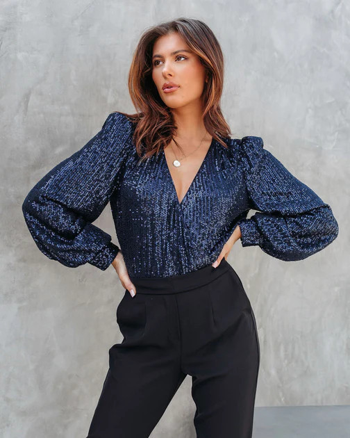 Shine Like No Other Sequin Bodysuit - Navy | VICI