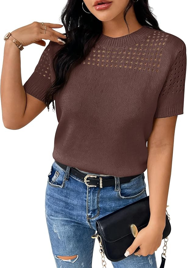 Short Sleeve Sweaters for Women 2026 Casual Crewneck Summer Shirts Lightweight Hollow Out Knit Sw... | Amazon (US)