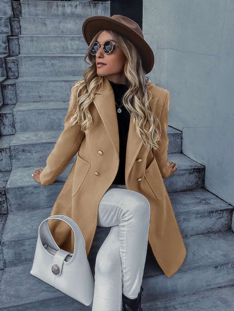 Double Breasted Pocket Pea Coat | SHEIN
