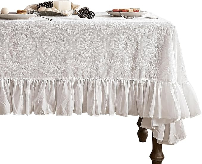 patdrea Vintage Ruffle Tablecloth for Rectangle Tables,Farmhouse Embroidered Cotton White Lace Ta... | Amazon (US)