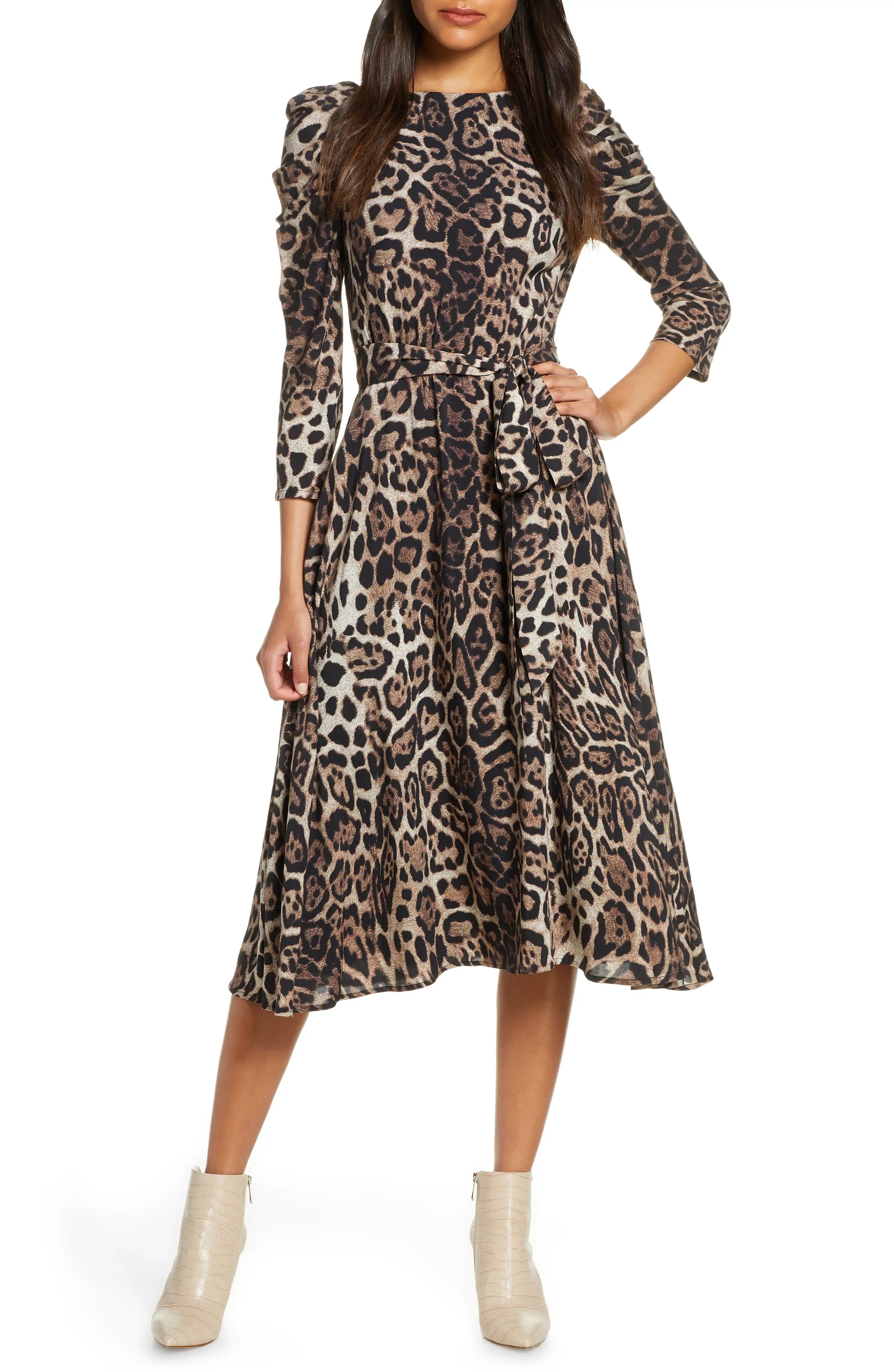 Leopard Print Long Sleeve Midi Dress | Nordstrom